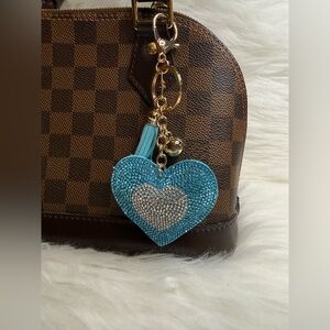 Bling Heart bag Charm keychain fob tassel Silver Blue Clip purse Birthday Gift